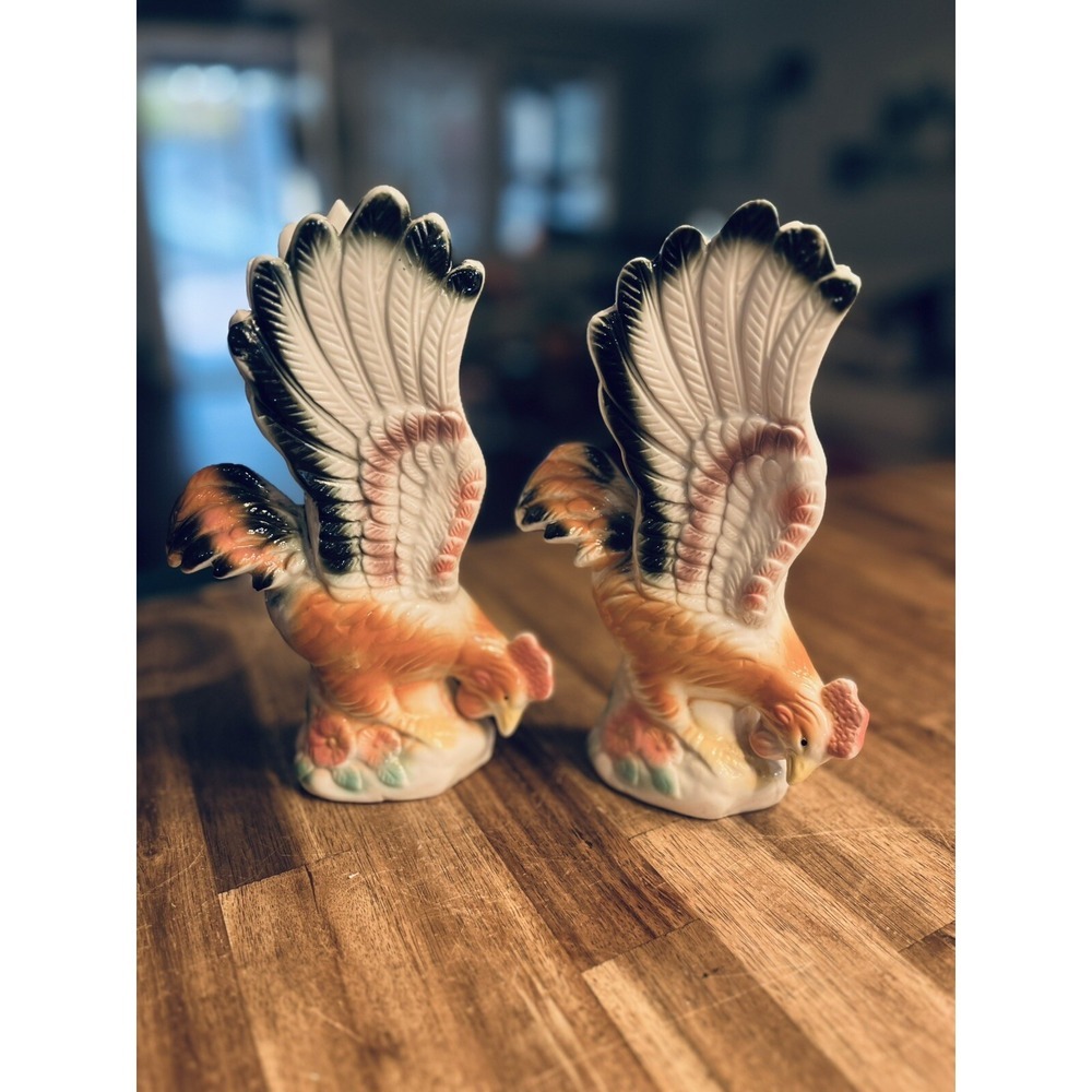 Vintage‎ Ceramic Rooster Vases 9" Tall Pair Of 2 Grannycore Farmhouse